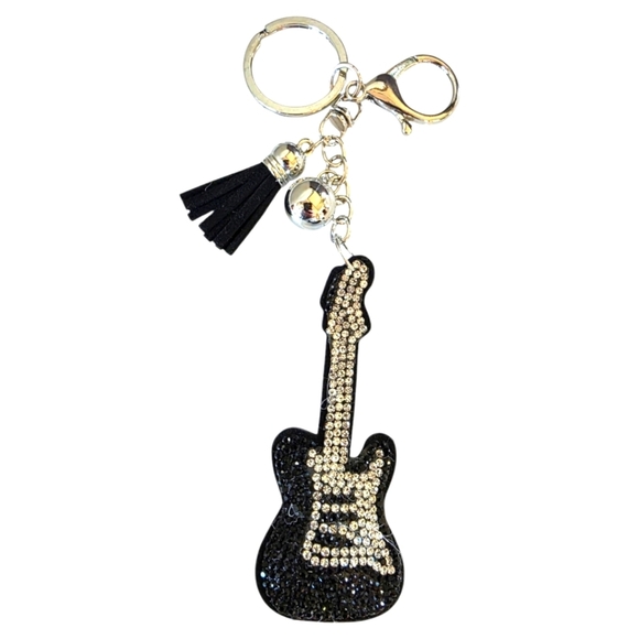Black and Silver Rhinestone Guitar Purse Charm Or Keyring - Picture 2 of 2